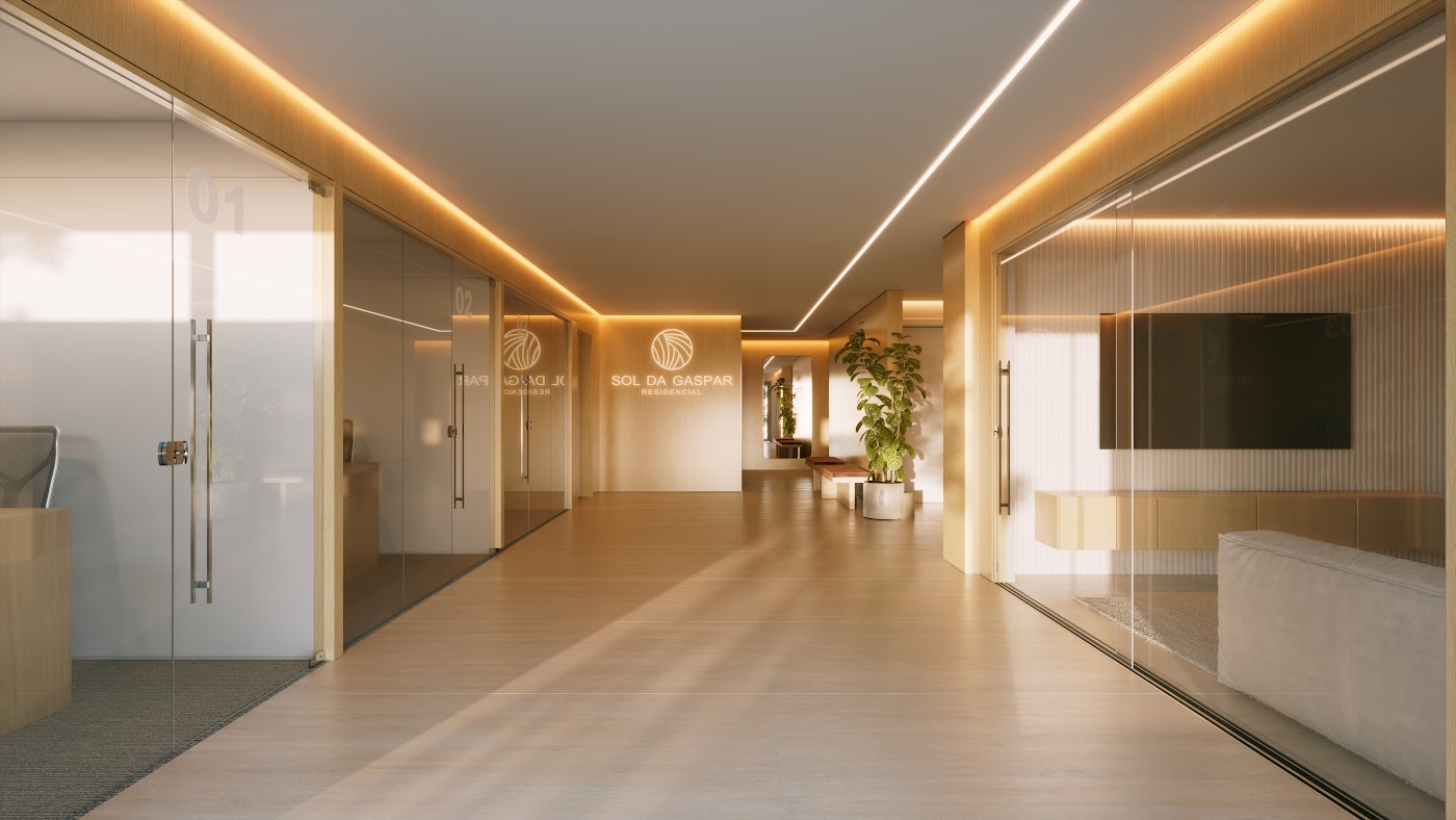 Hall de acesso com 2 elevadores e entrada em vidro do Sol da Gaspar